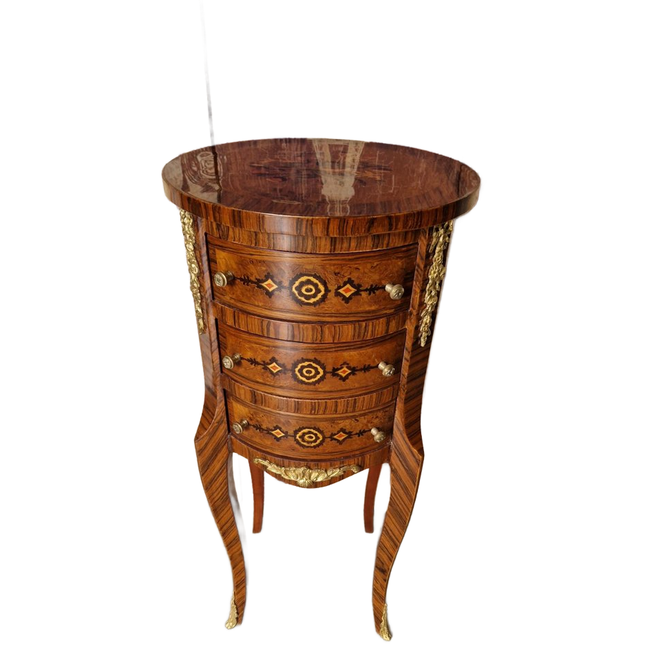 Klassieke Rond Ladekastje Bijzettafel, Met Sierlijke Versiering 3 Laatjes En Messing Versieringen Afm. 36x36cm En 81cm Hoog. image 1