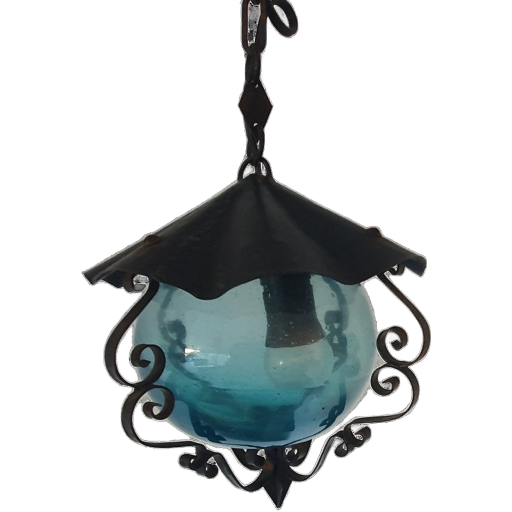 Vintage - Hanglamp - Plafondlamp - Blauw Glas - Metaal En Glas. image 1