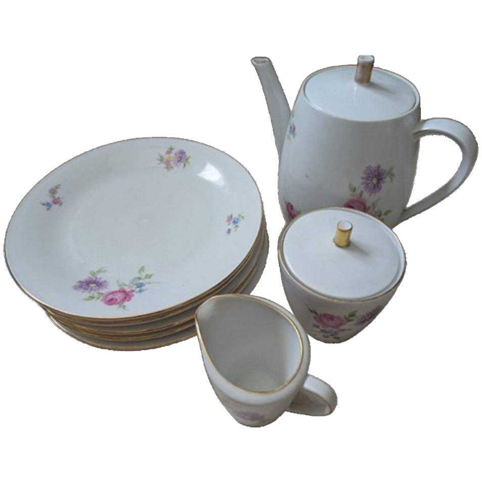 Thee Of Koffiepot, Melk En Suiker En Vijf Ontbijtbordjes image 1