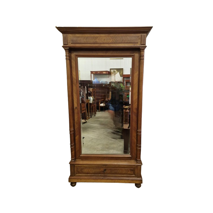 Antieke Spiegelkast, Kledingkast Met Facet Geslepen Spiegel, Demonteerbaar Afm. 104x43cm En 220cm Hoog. image 1