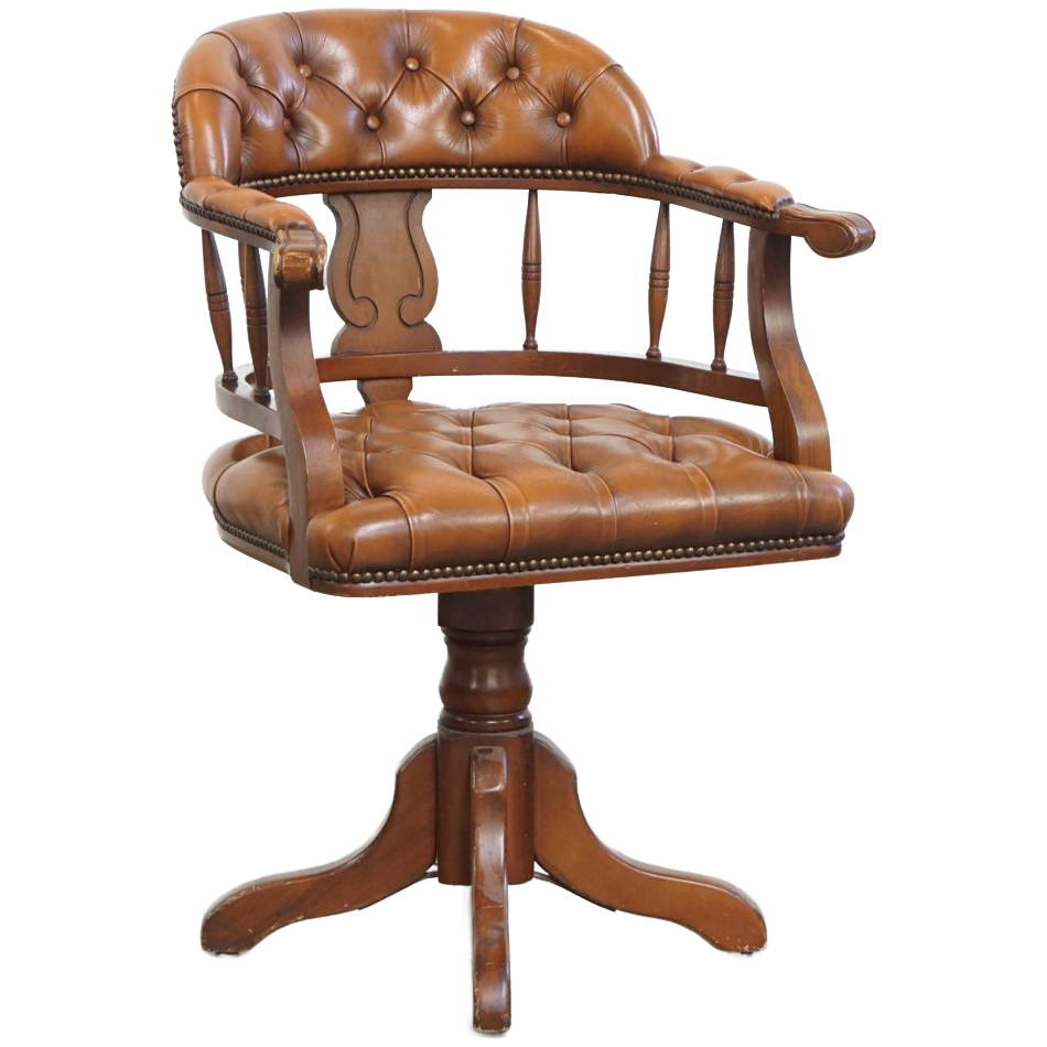Klassieke Rundleren En Houten Chesterfield Bureaustoel In Engelse Stijl, Afgewerkt Met Siernagels image 1
