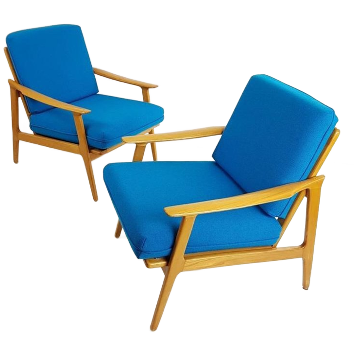 2 Blauwe Fauteuils | Wollen Ploegstof Blauw Vintage image 1