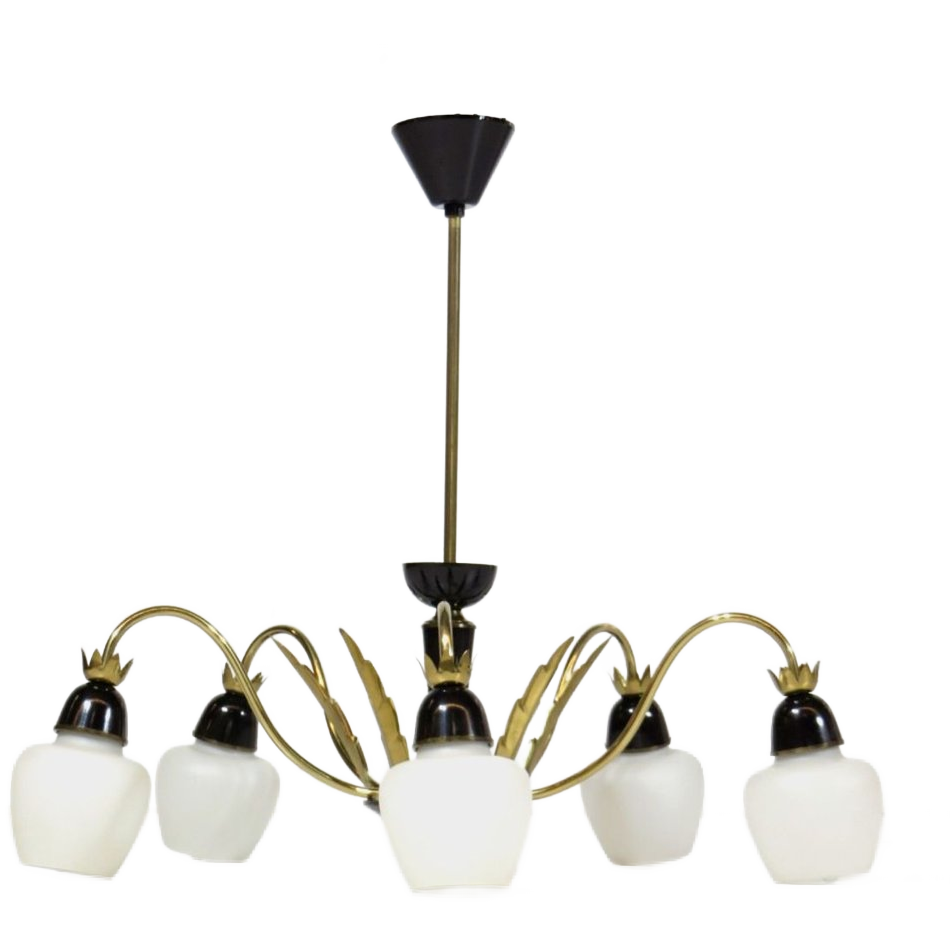 Vintage Kroonluchter In Messing En Opaline Glas, 1960s image 1