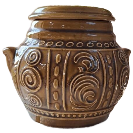 Vintage Voorraad Pot Met Deksel, Groen Bruin Met Reliëf Deco image 1