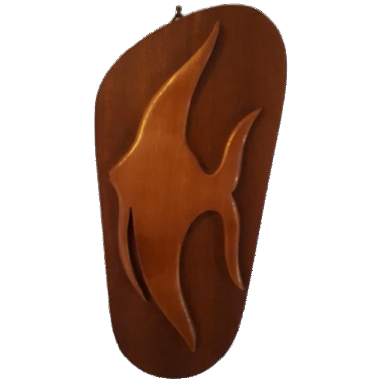 * 50's Teakhouten Wandplank Vintage Schilderijtje Maanvis image 1