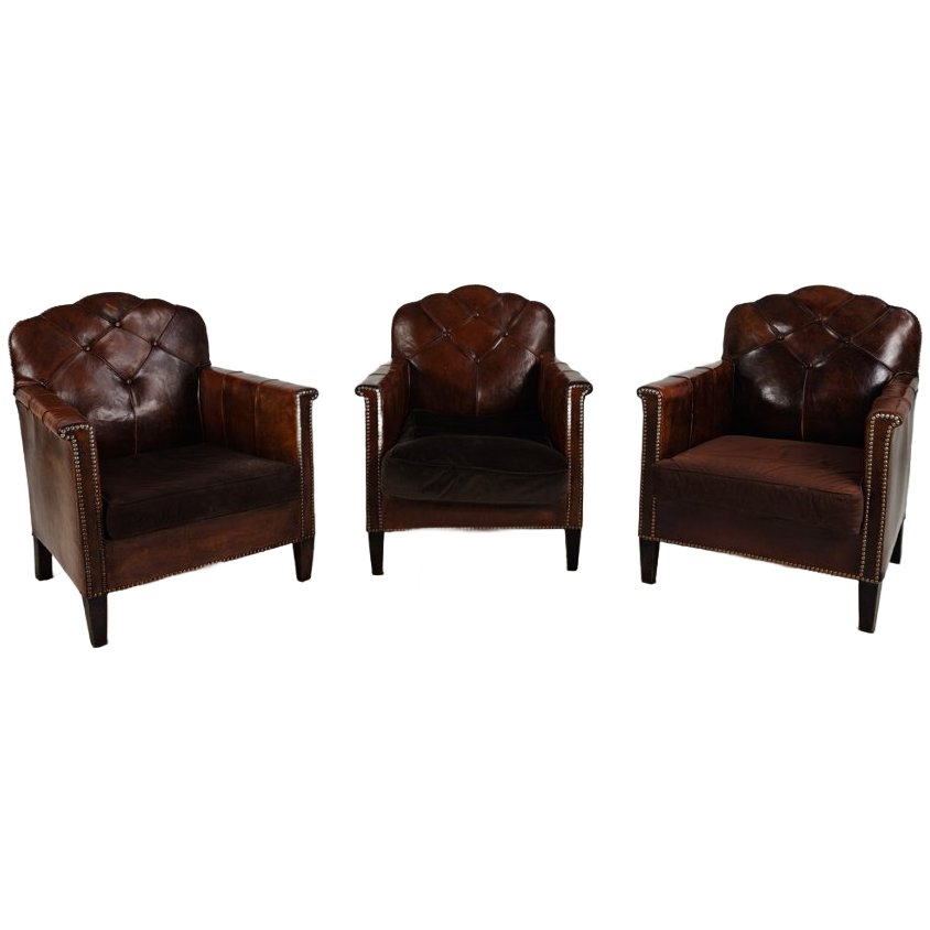 Prachtige Set Van 3 Leren Clubstoelen – Jaren 30 Schapenvacht image 1