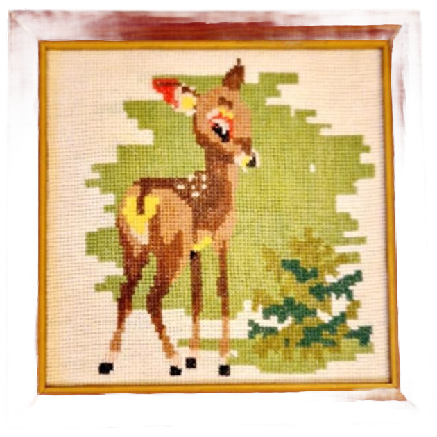 Vintage Schilderijtje Geborduurd Bambi Hertje image 1