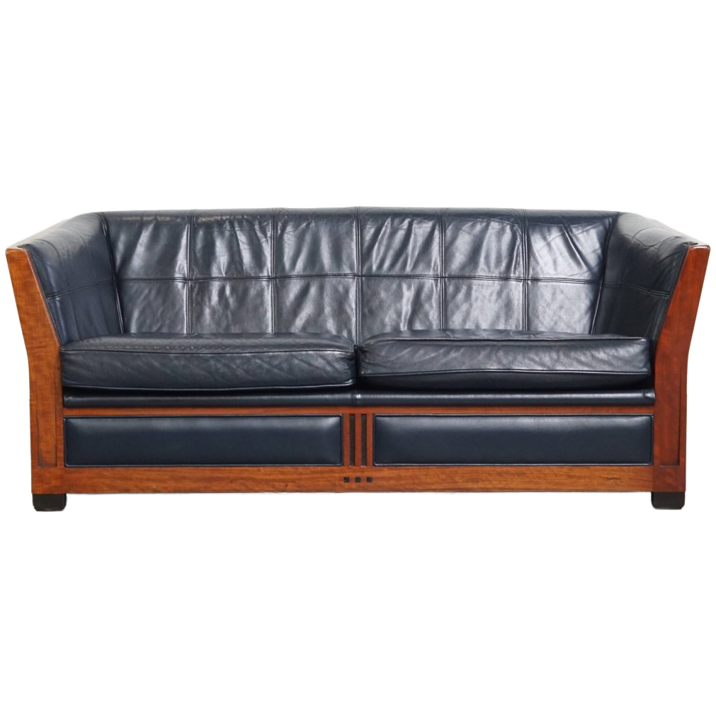 Stijlvolle 2.5-zits Art Deco Design Bank Van Schuitema Met Mooi Houtwerk En Donkerblauw Rundleer image 1