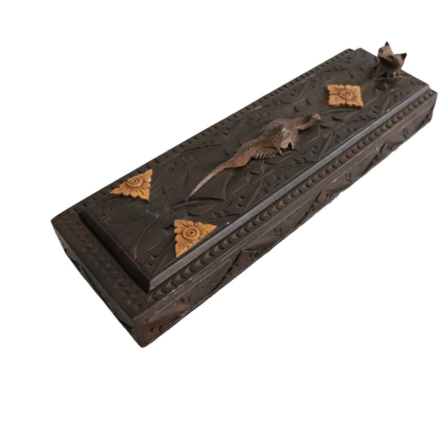 Zeldzaam Antieke Handgesneden Houten Doos Met Eetstokjes Uit India. image 1