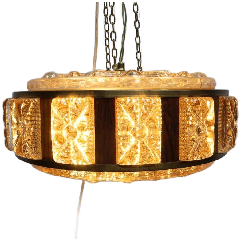 Deense Hanglamp | Vintage | Amberkleurig Glas | Wengé image 1