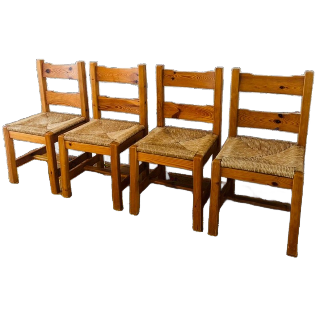 Set Van 4 Vintage Massief Grenenhouten Stoelen Met Biezen Zitting image 1