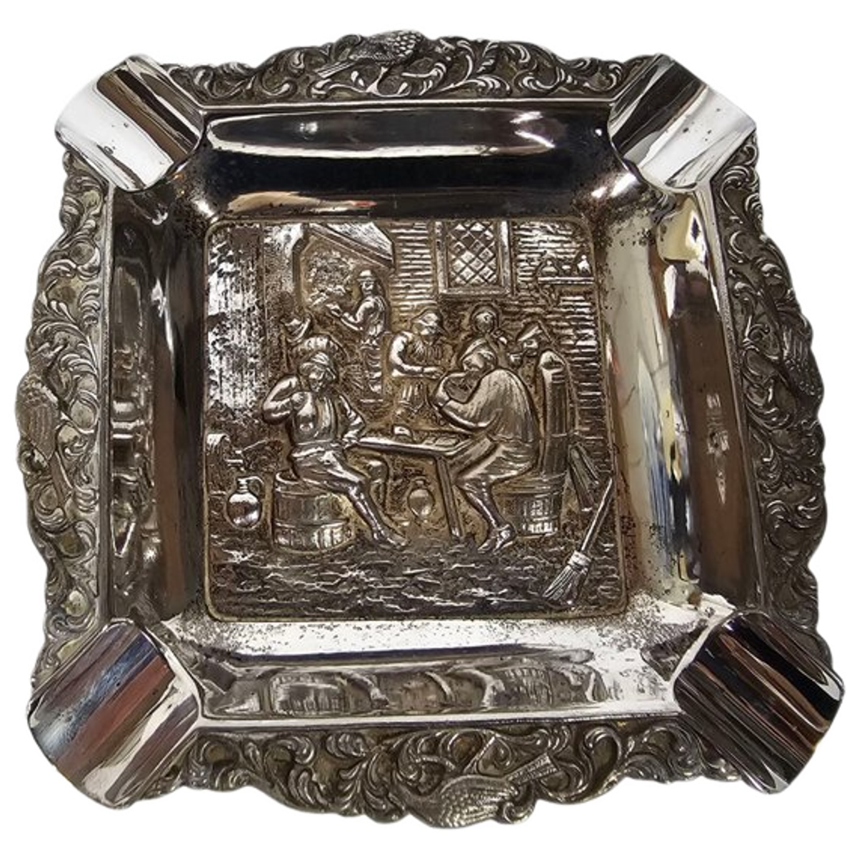 Zilveren Vierkante Asbak - Oud Hollands Herberg Tafereel - Zilver - 3e Kwart 20e Eeuw image 1