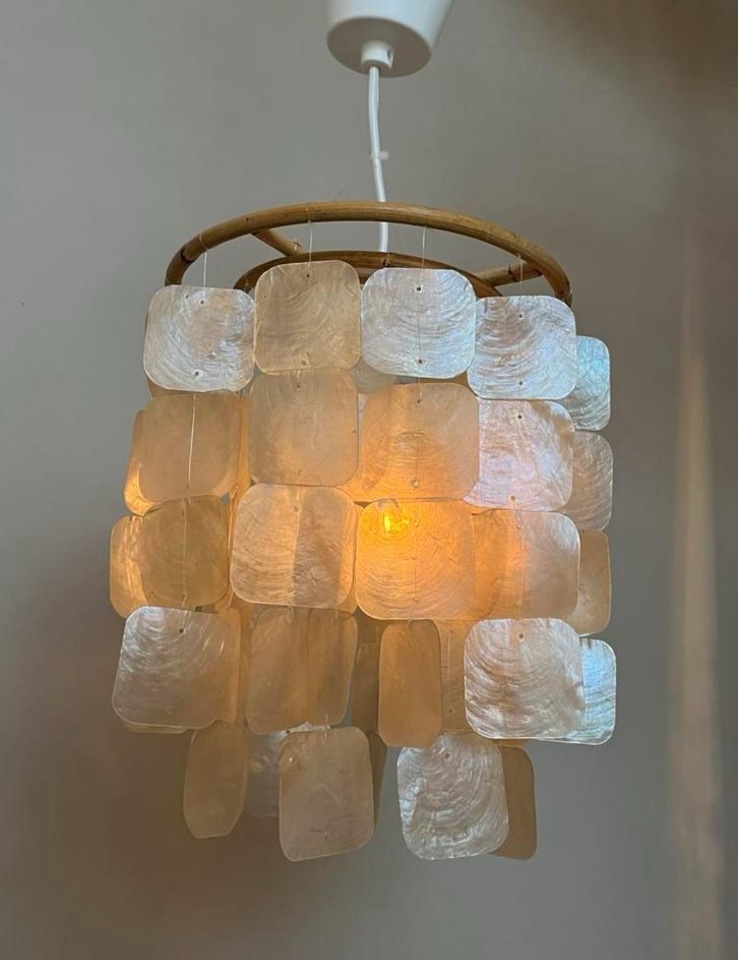 Set Van 2 Capiz Schelpen Hanglamp Lampen Schelp Parelmoer Bamboe Frame Wit Bedrading image 6