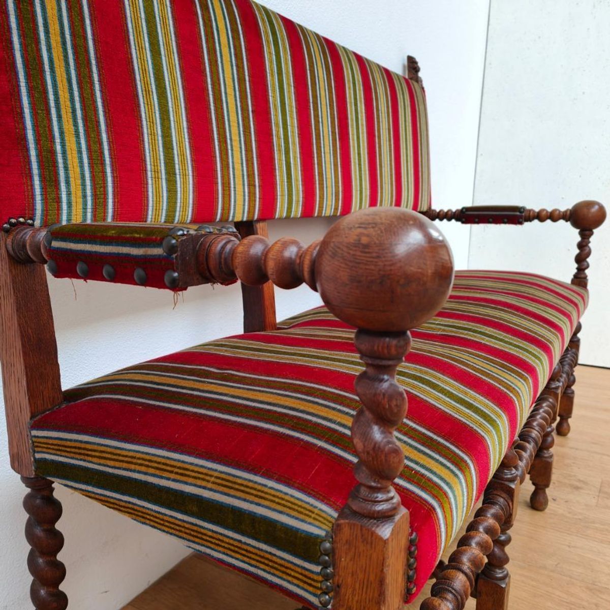 Antieke Vintage Franse Eikenhouten Bank, Halbank Eetkamerbank image 18