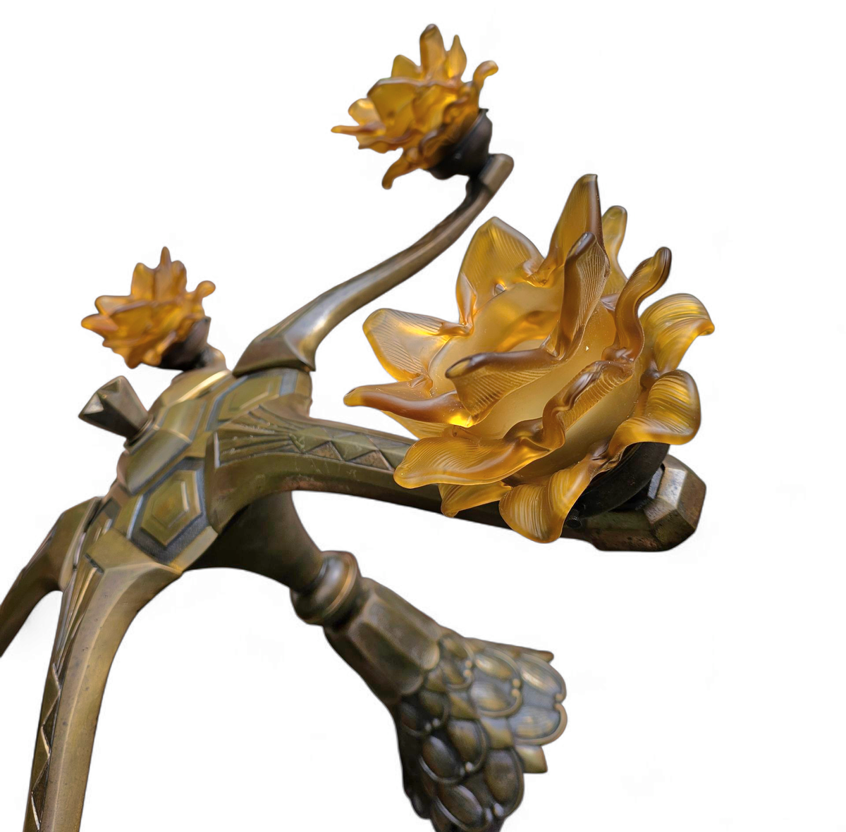 5 Arms Art Deco / Art Nouveau / Brass Hanging Lamp / Hand Blown Floral Shades image 4
