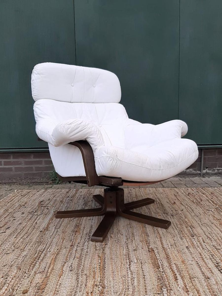Vintage Design Fauteuil Wit Leer Houten Poot Draaifauteuil image 7