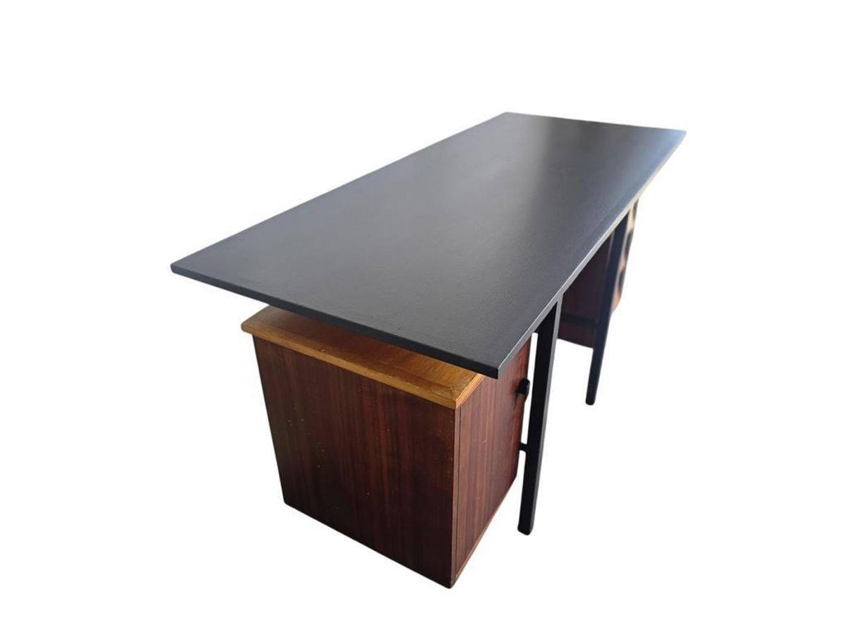 Vintage Houten Bureau Met Zwevend Blad En Zwart Frame image 4