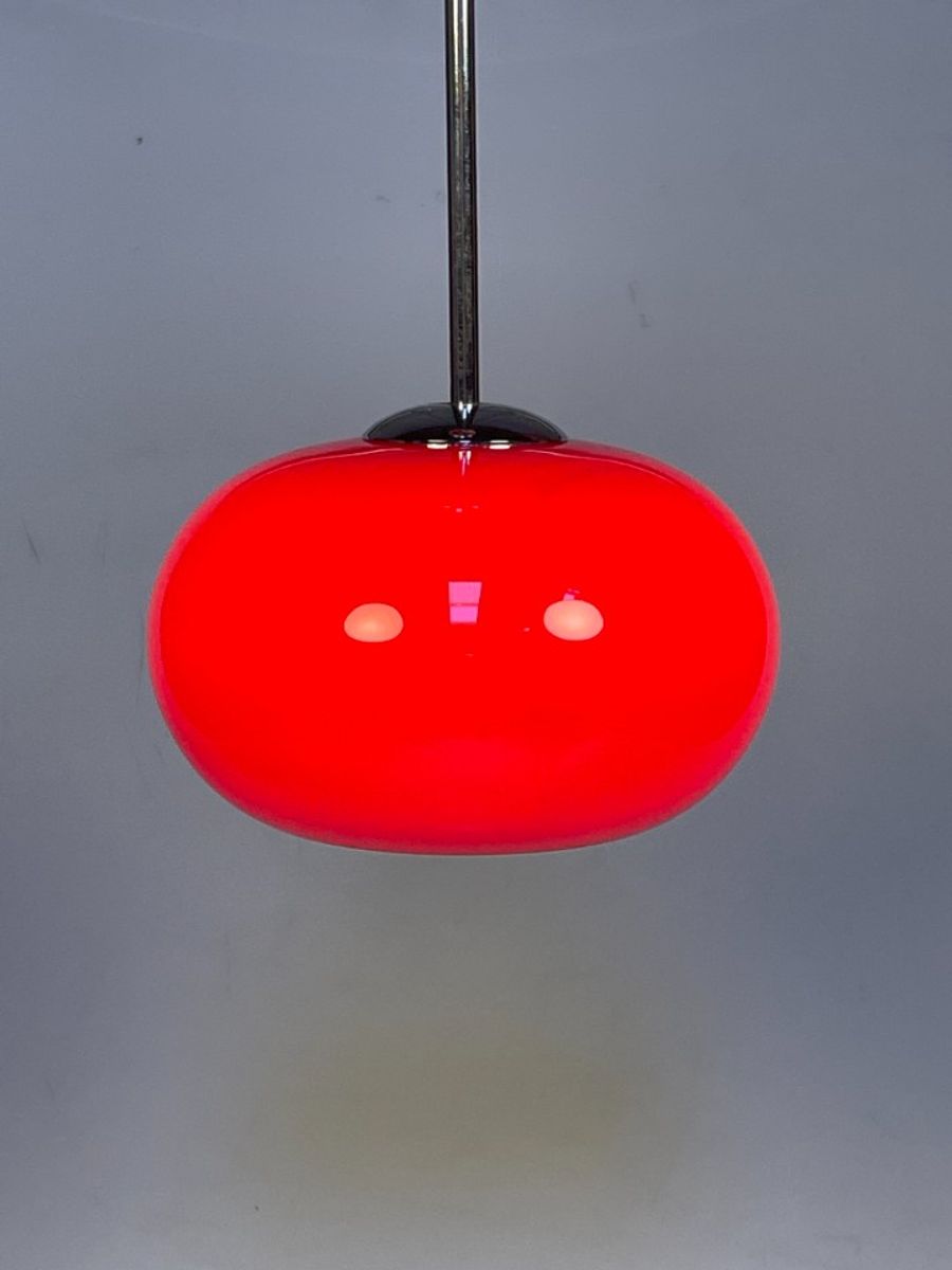 Glazen Rode Hanglamp Met Chromen Armatuur, 1980's image 3