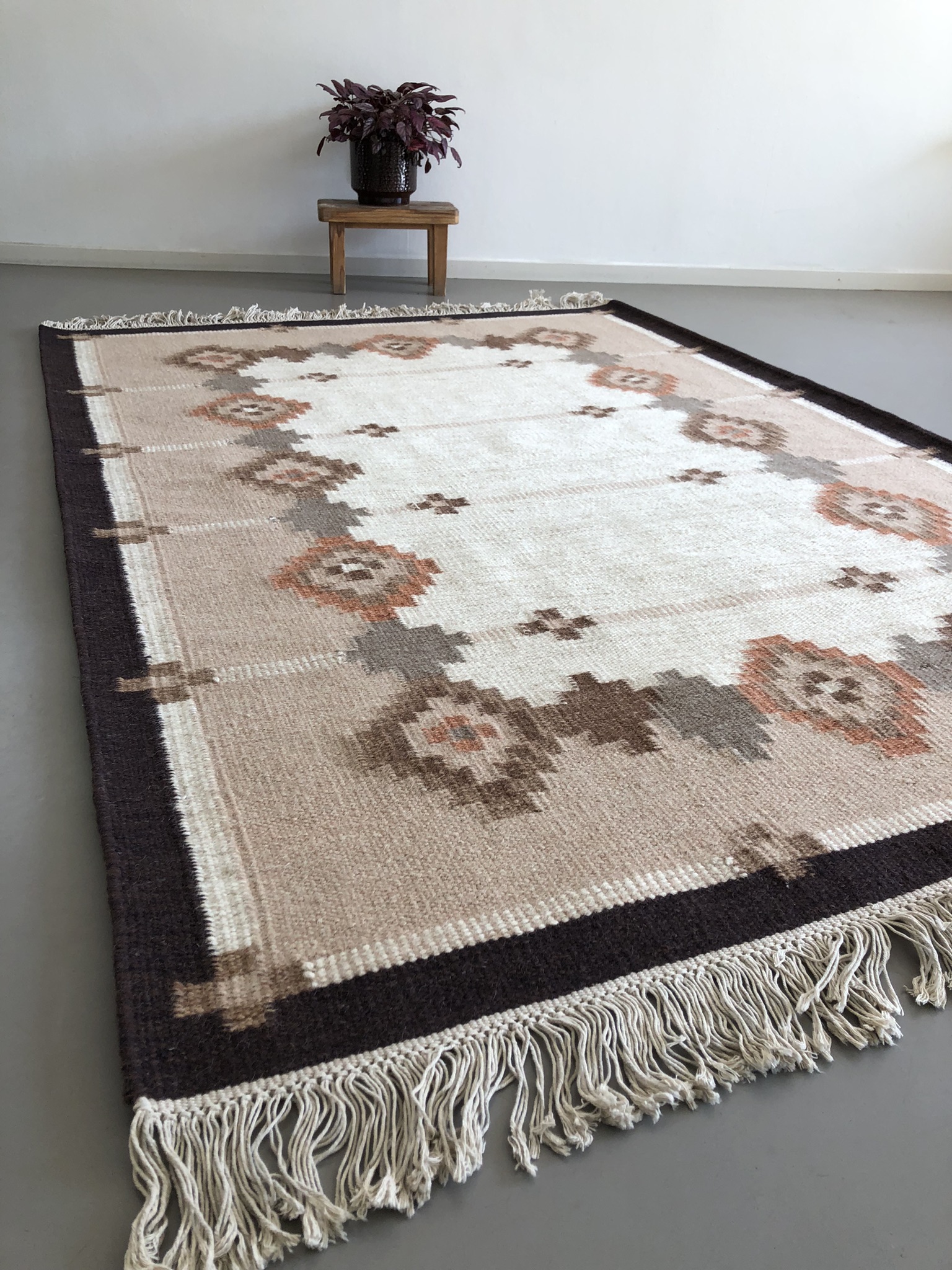 Handgeweven Wollen Scandinavisch Rollakan Vloerkleed Kelim Bruintinten image 6
