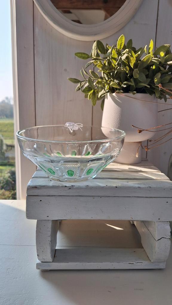 Vintage Glazen Schaal Met Groene Accenten, Bowl, Schaaltje image 7