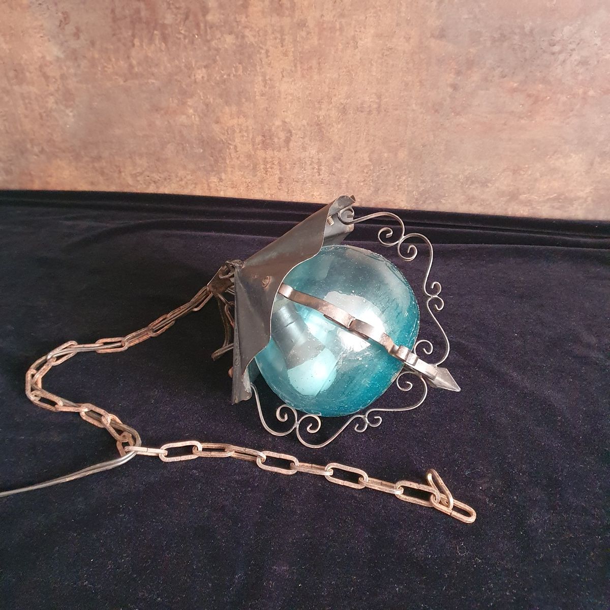 Vintage - Hanglamp - Plafondlamp - Blauw Glas - Metaal En Glas. image 5