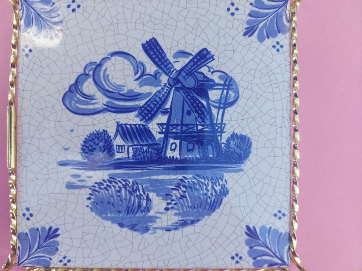 Vintage Onderzetter/tegel Servais Blauwe Wit Met Koperen Kader image 6