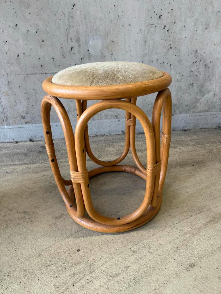Vintage Rotan Kruk Met Velours Bekleding image 3