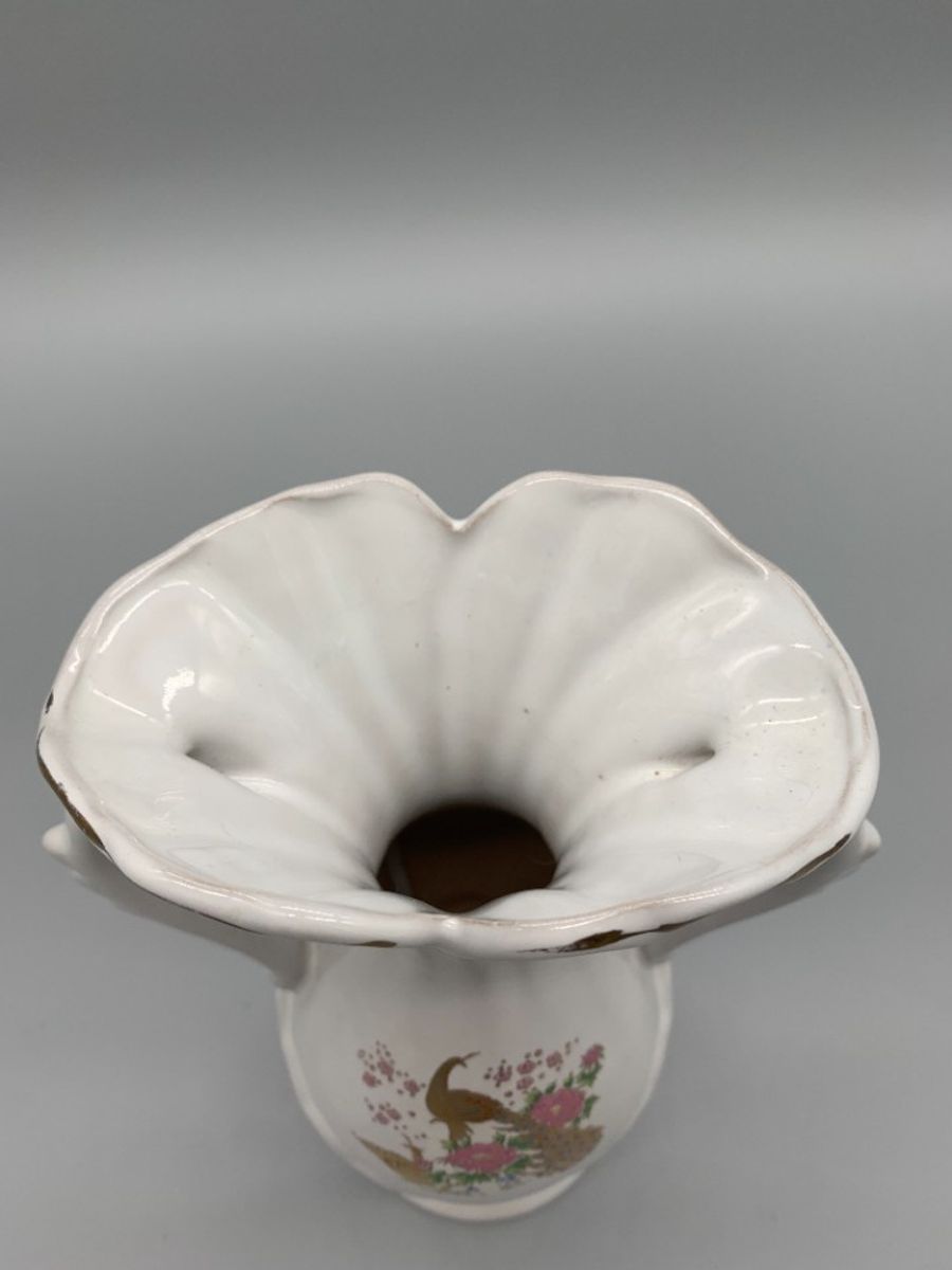 Vintage Vaasje Wit Porselein Print Pauw Goudkleurig image 7