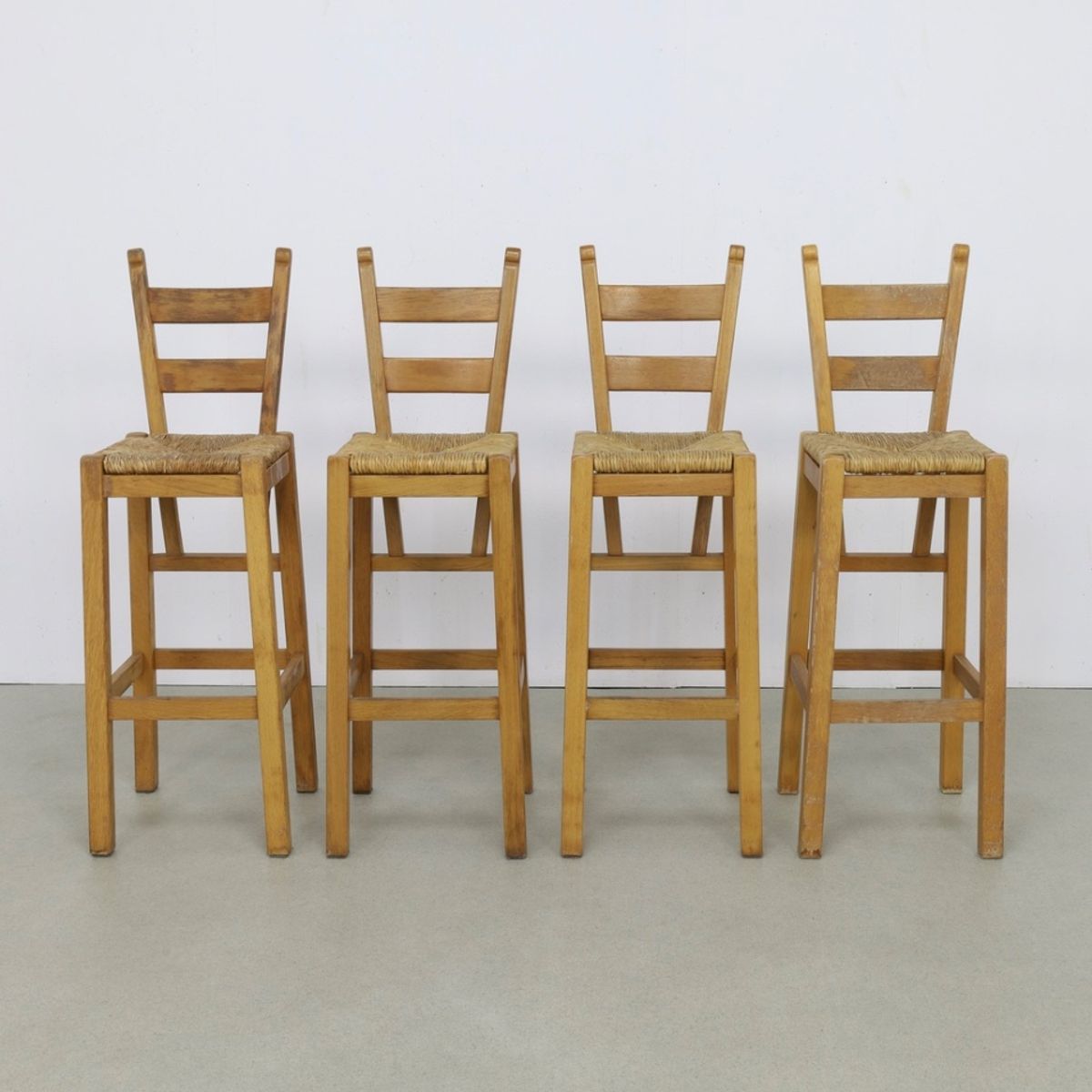 4x Vintage Barkruk Hout & Riet, 1970s image 5