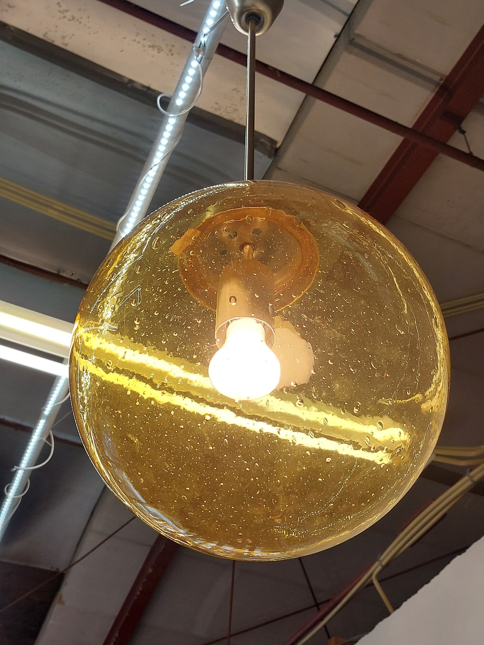 Vintage Hanglamp Messing Goudgeel Bol Glas image 6