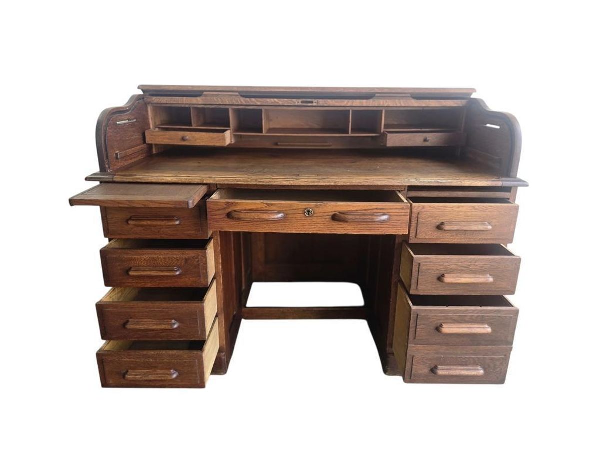 Vintage Houten Amerikaanse Bureau Met Rolluik Deur image 10