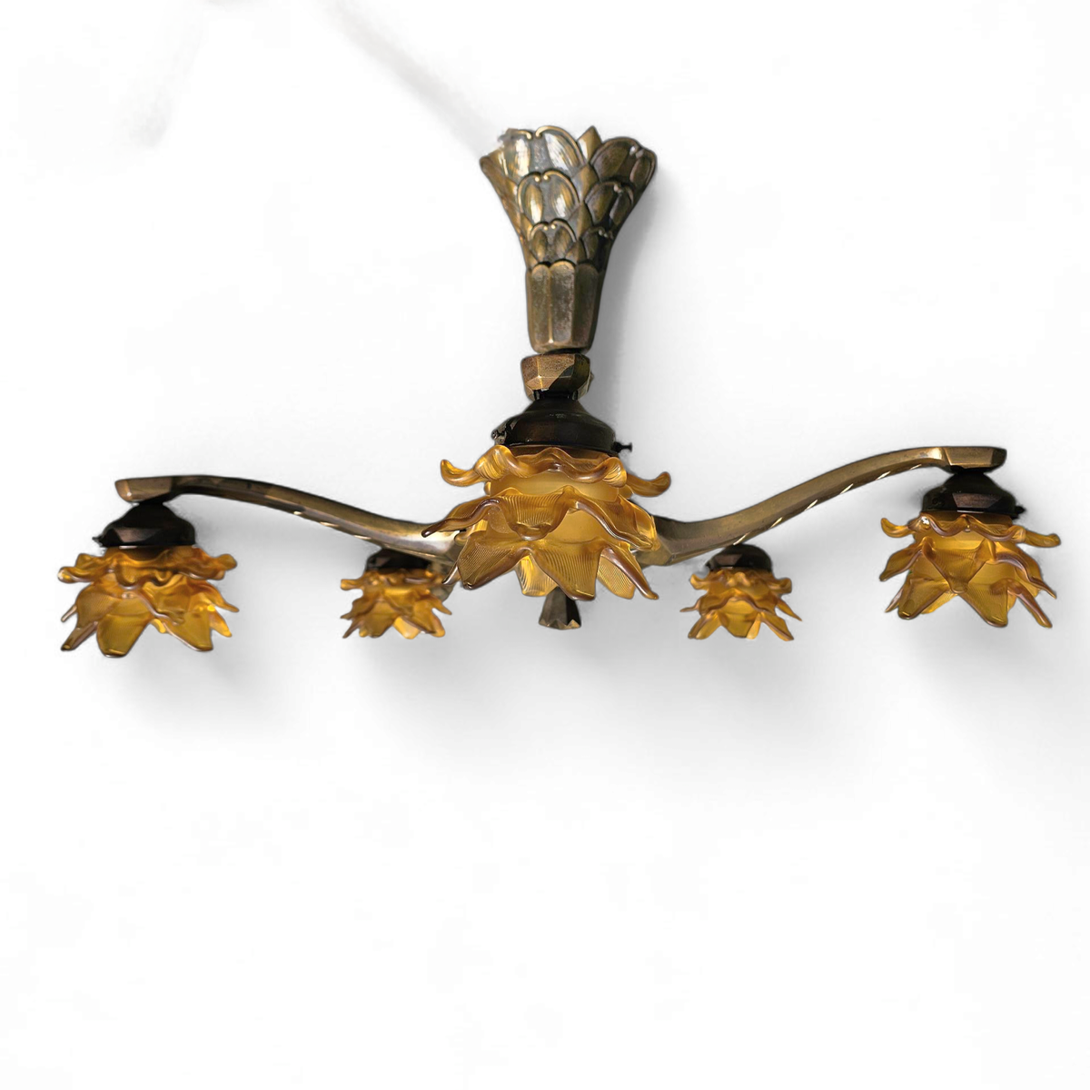 5 Arms Art Deco / Art Nouveau / Brass Hanging Lamp / Hand Blown Floral Shades image 13