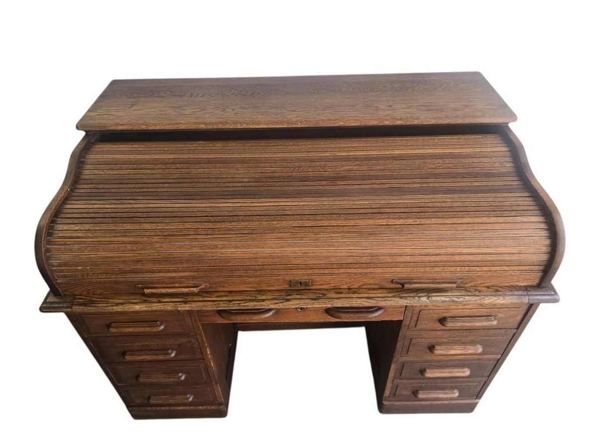 Vintage Houten Amerikaanse Bureau Met Rolluik Deur image 8