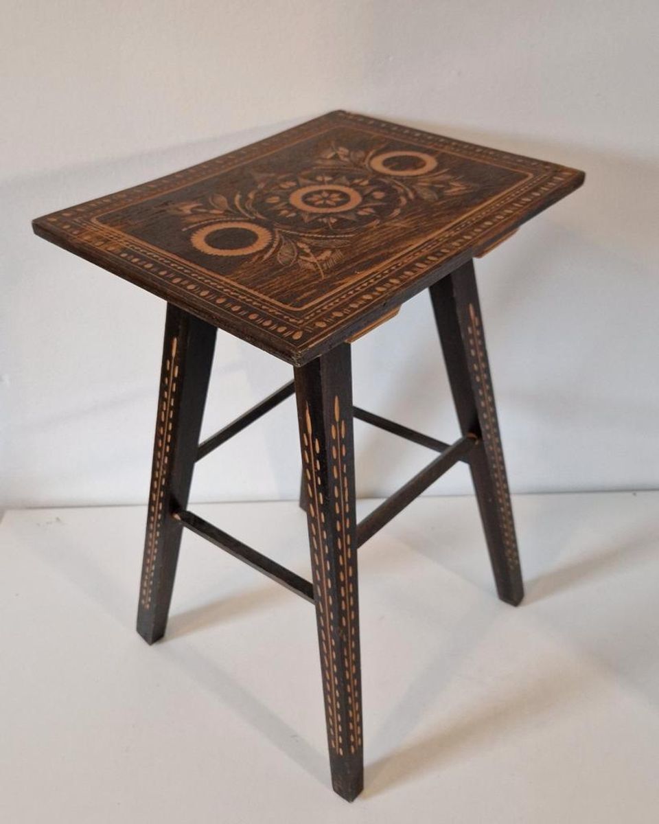 Antiek Houtsnijwerk Tafeltje Plantentafel Krukje image 2