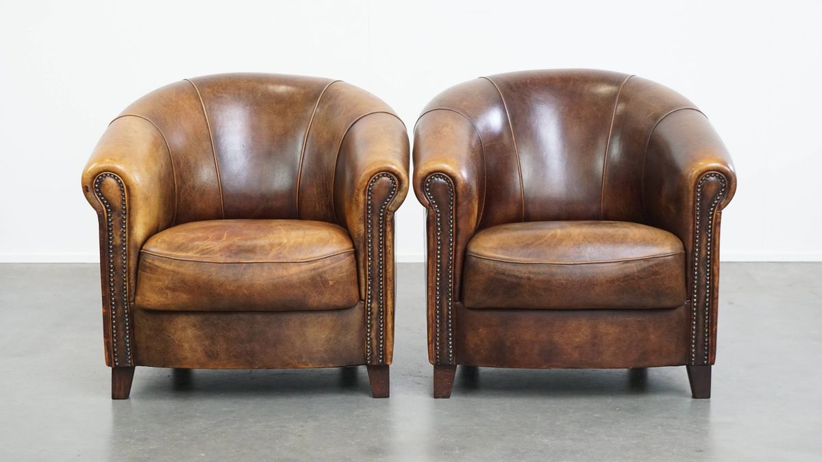 Karaktervolle En Unieke Set Van 4 Schapenleren Clubfauteuils Met Een Prachtige Kleurstelling image 3