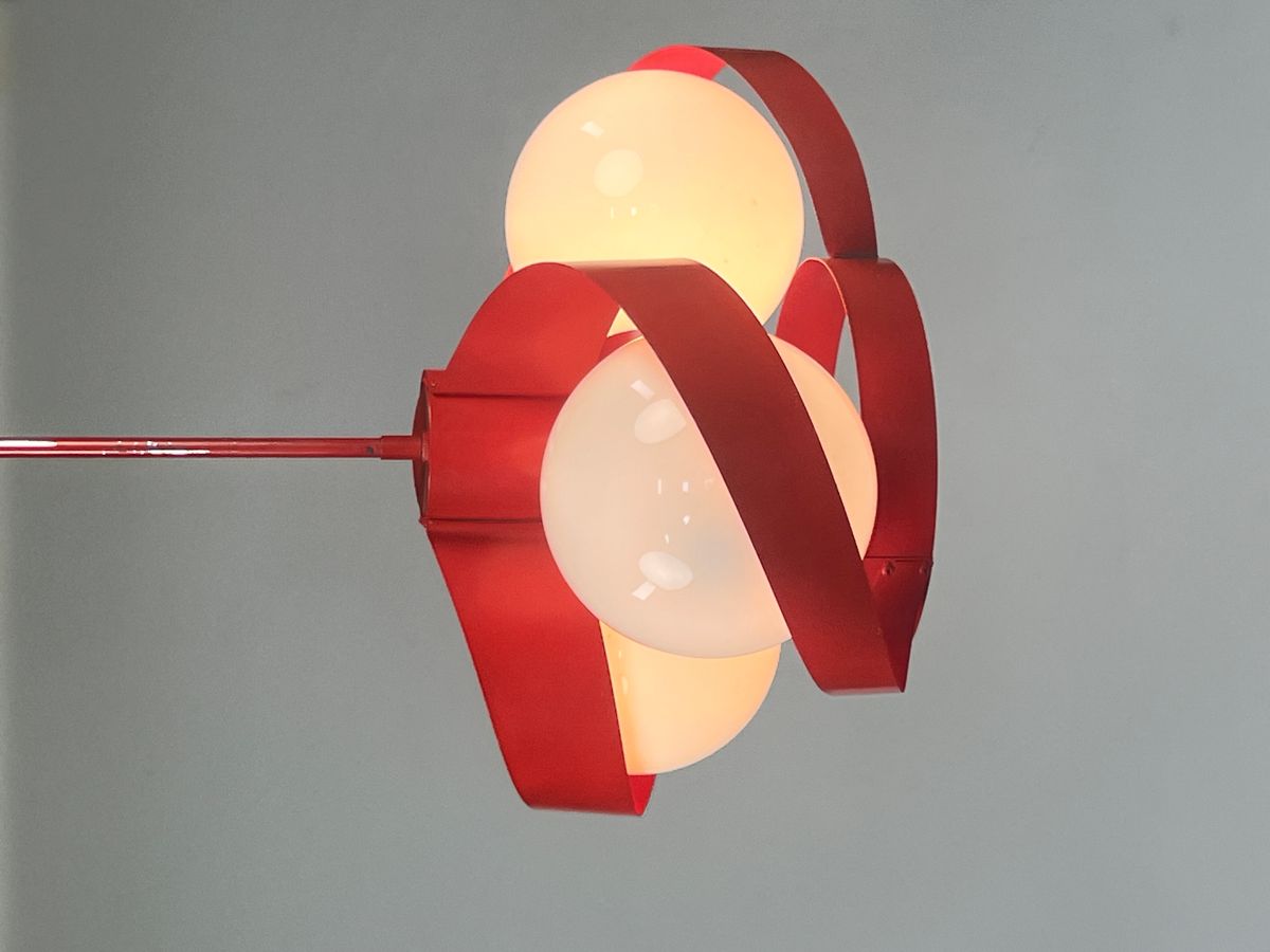 Vintage Rode Metalen Hanglamp / Kroonluchter, Space Age, België 1970's image 4