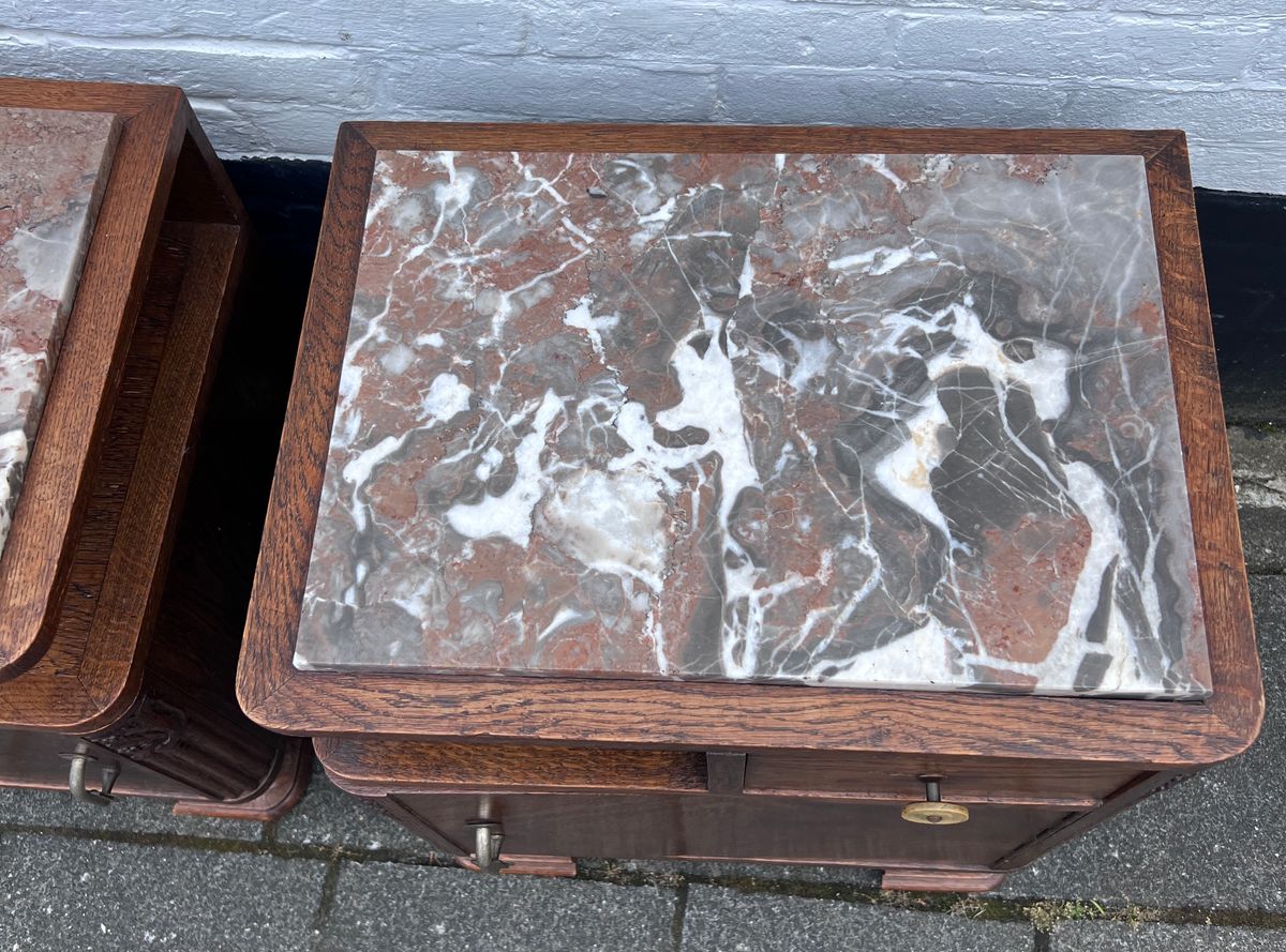Art Deco Set Nachtkastjes Met Rood / Grijs Geaderd Marmer Blad, 55 Cm Hoog image 5