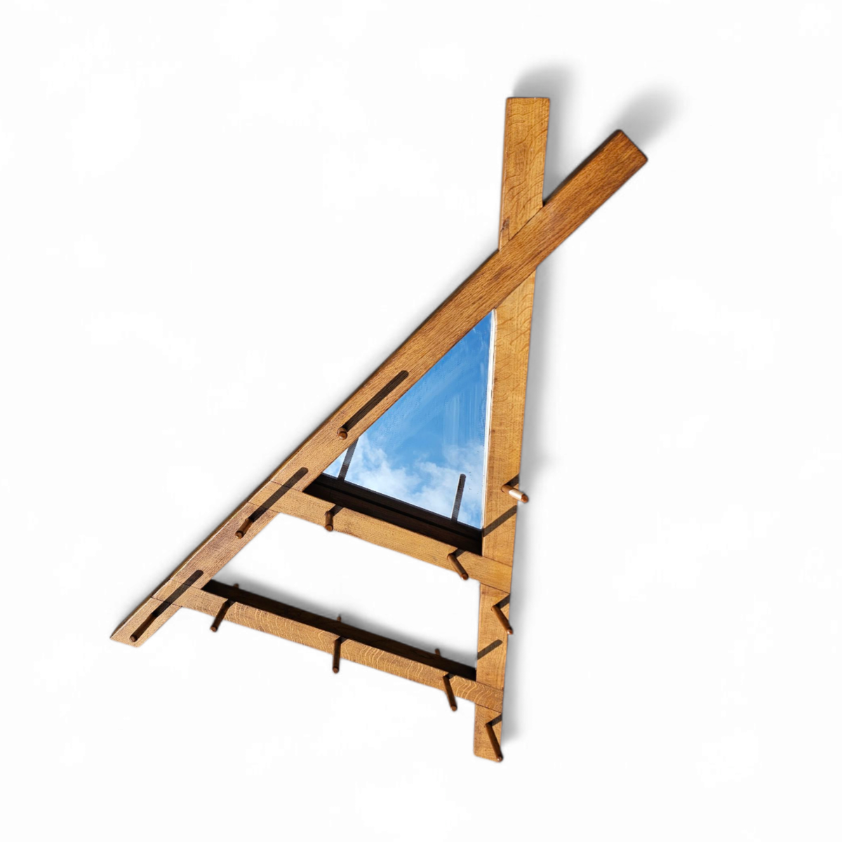 Wooden Wall Coat Rack / Triangular Shape / Triangle Mirror At The Top / 1960s image 9
