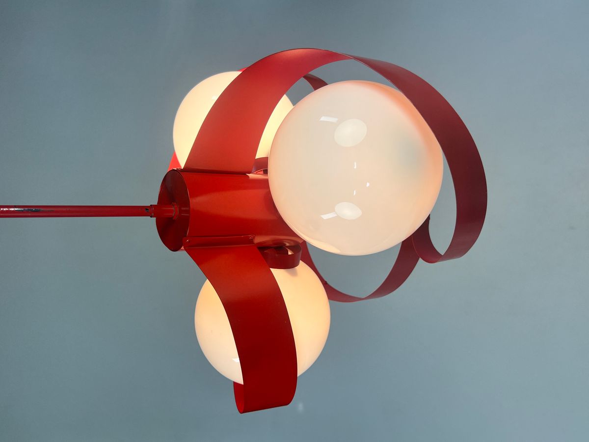 Vintage Rode Metalen Hanglamp / Kroonluchter, Space Age, België 1970's image 11