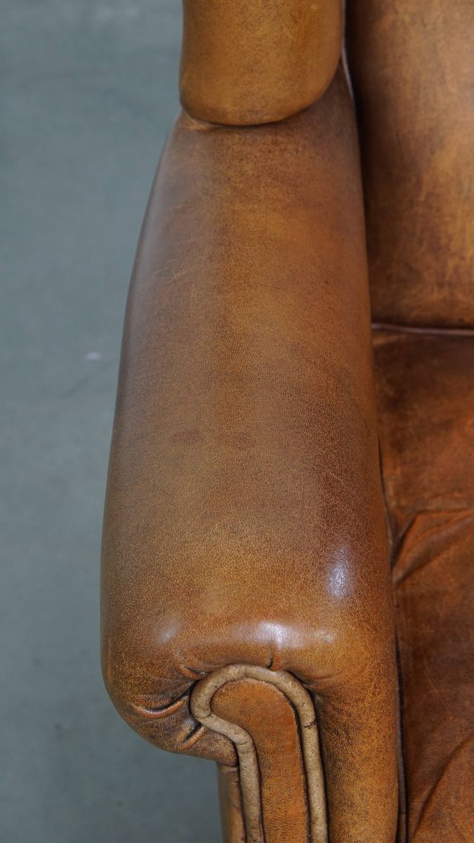 Geweldige, Karaktervolle Vintage Schapenleren Oorfauteuil Met Een Mooi Patina image 7
