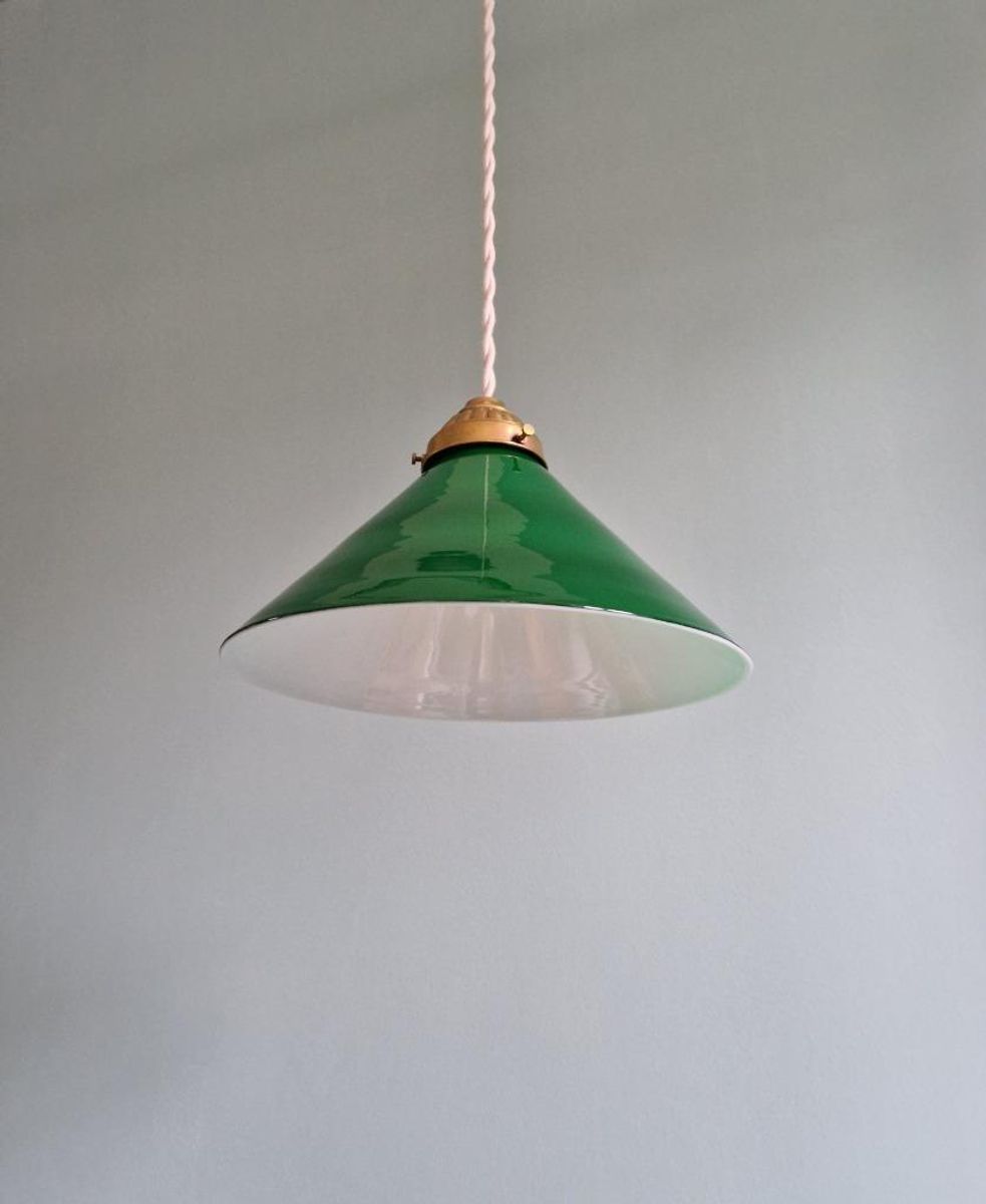 Art Deco Hanglamp In Kegelgroen Opaline, 1920-30 image 3