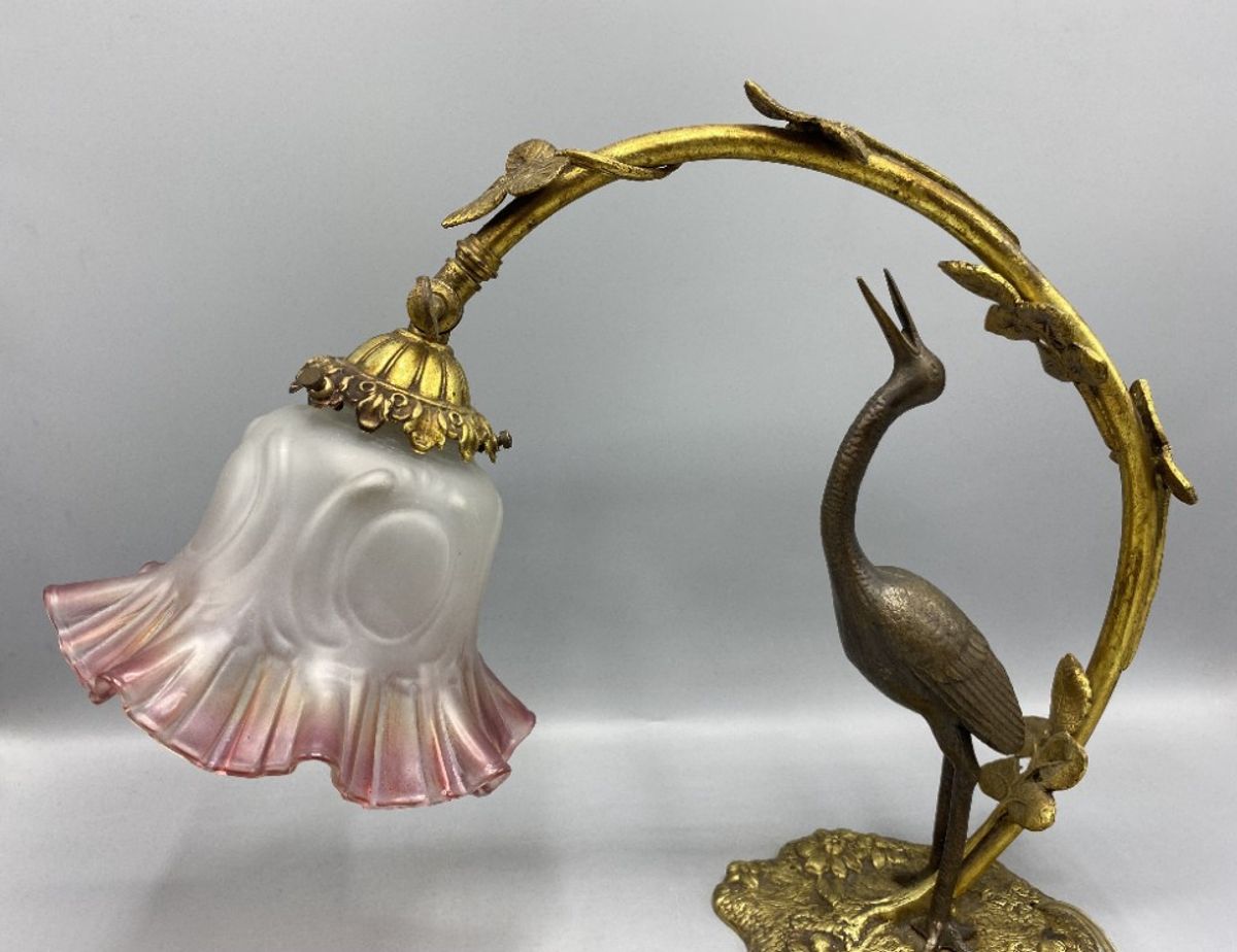 Antieke Art Nouveau Tafellamp – Kraanvogel & Bladerenboog image 5