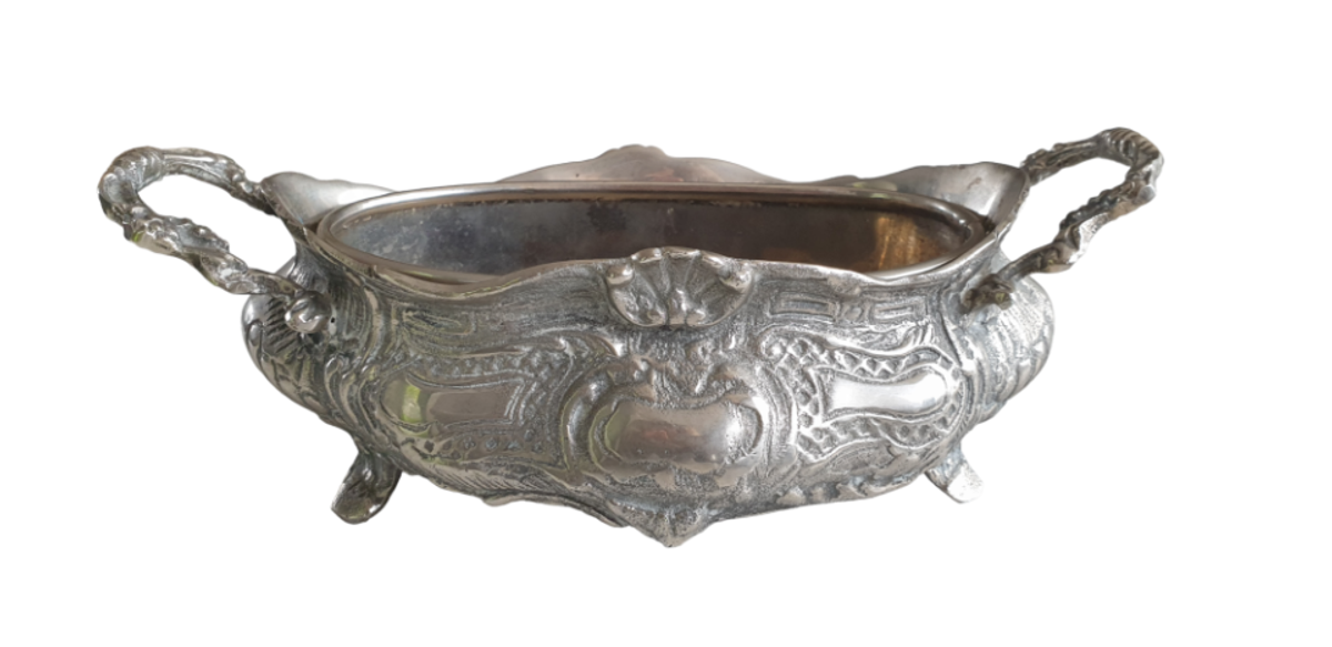 Prachtige Metalen Jardiniere, Verzilverd? Metalen Binnenbak image 3