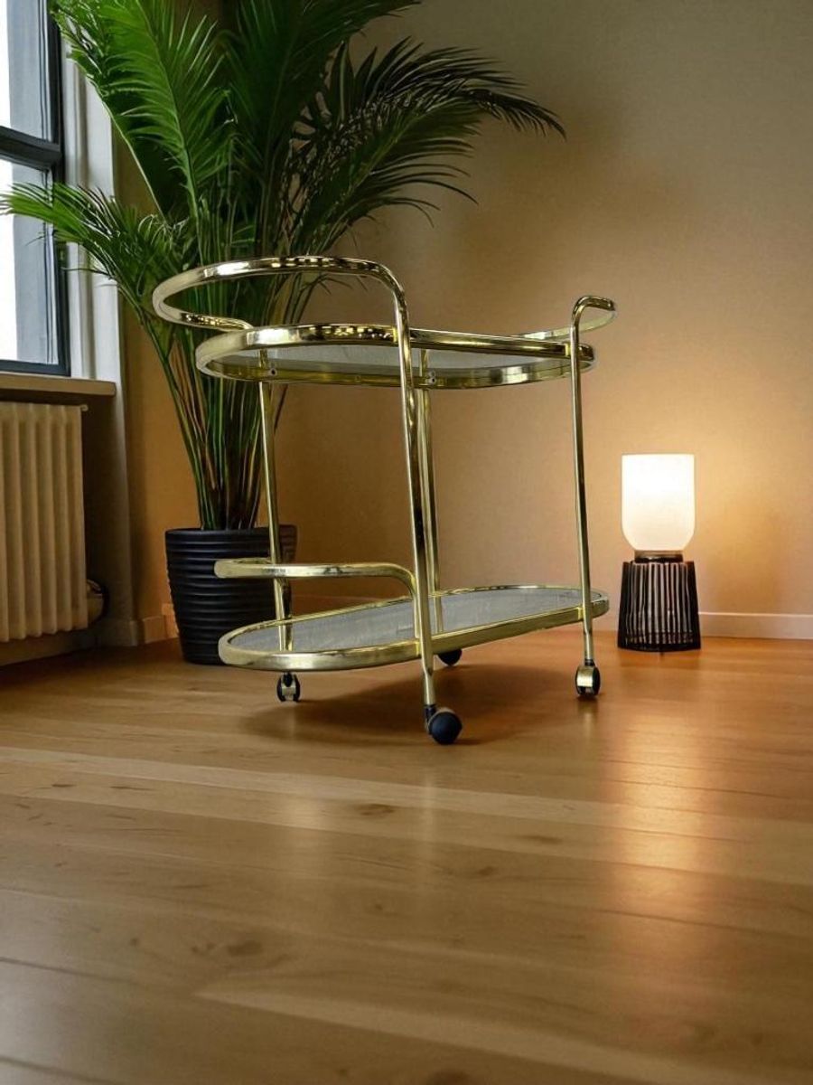 Vintage Gouden Barcart / Bijzettafeltje Met Fumé Glas image 3