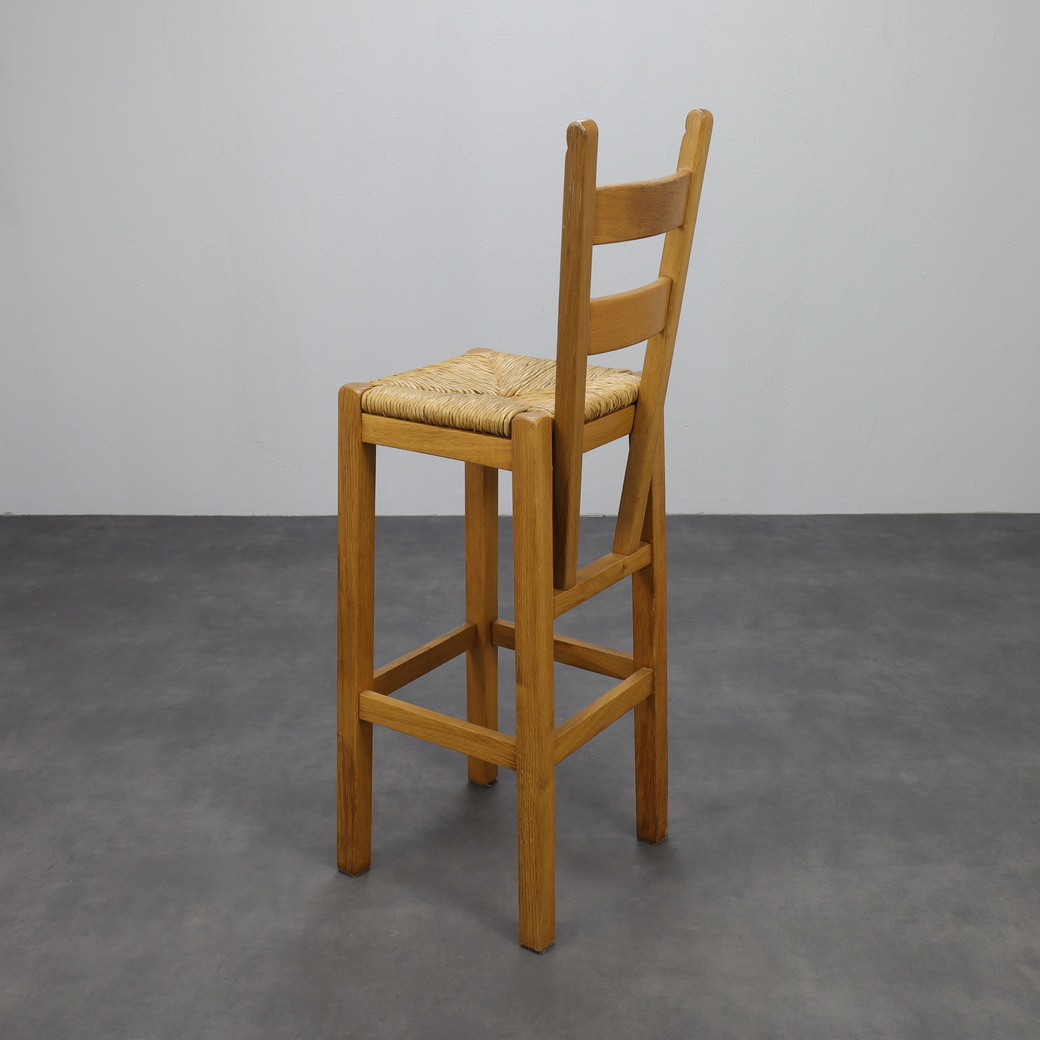 Set Of 4 Bar Stools In Solid Oak And Rattan, 1970s image 7