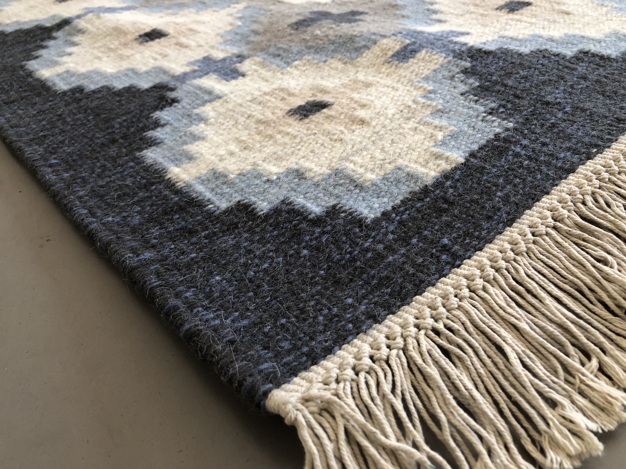 Handgeweven Scandinavisch Wollen Röllakan Vloerkleed Blauw Grijs Crème image 3