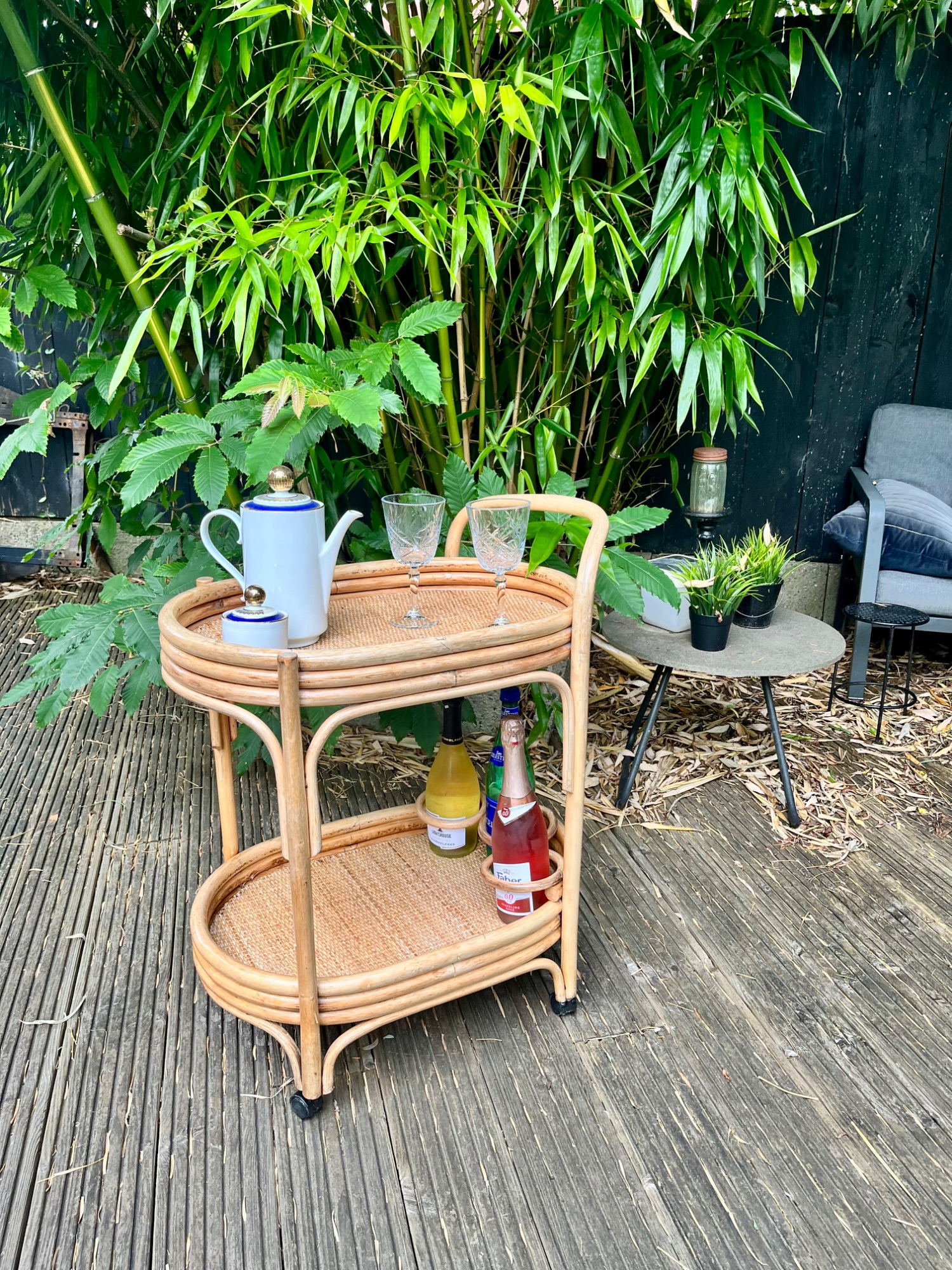 Vintage Bamboe-rotan Serveer Trolley image 5