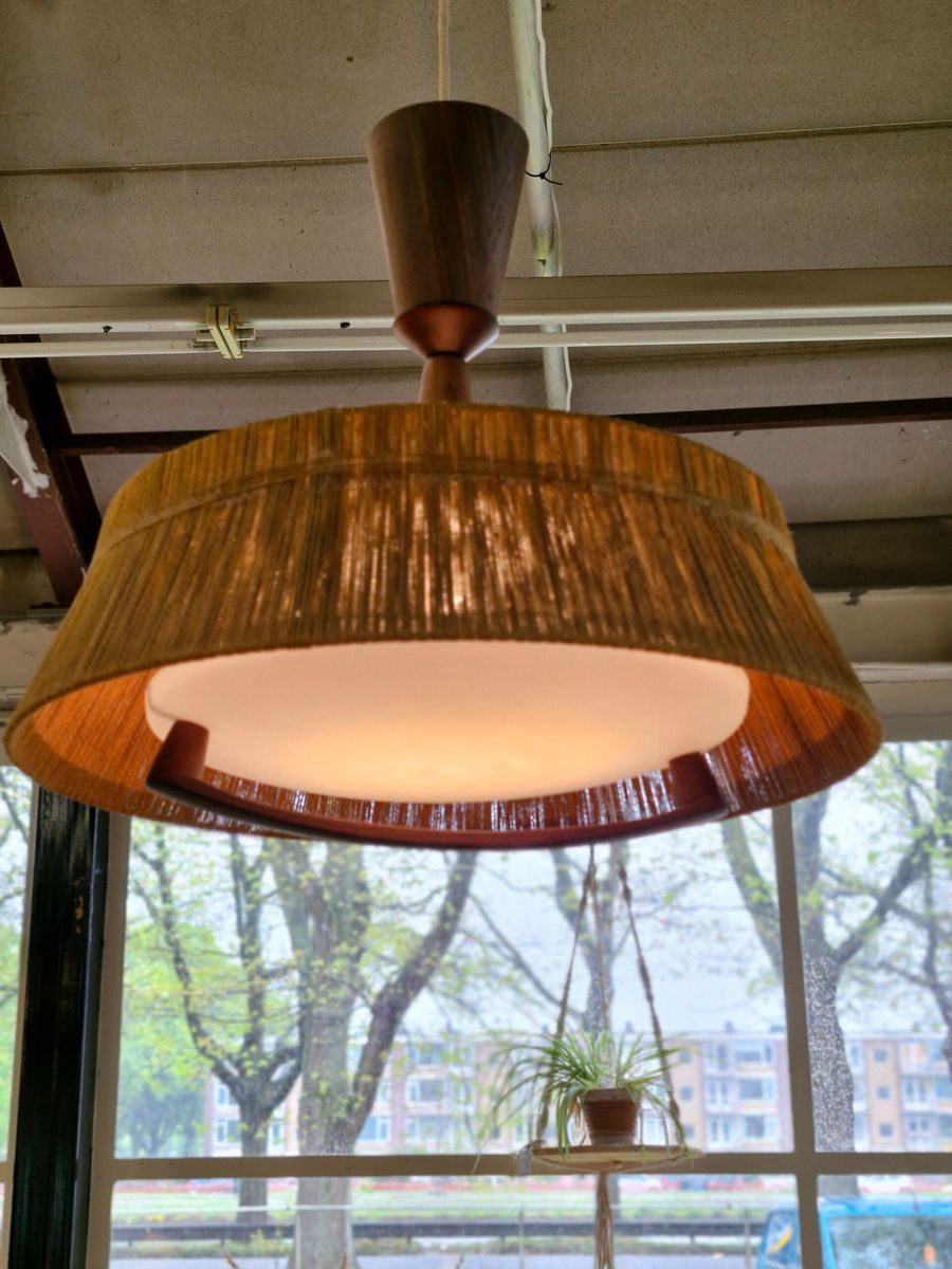 Vintage Design Hanglamp Temde Leuchten Sisal Teak 70s image 2