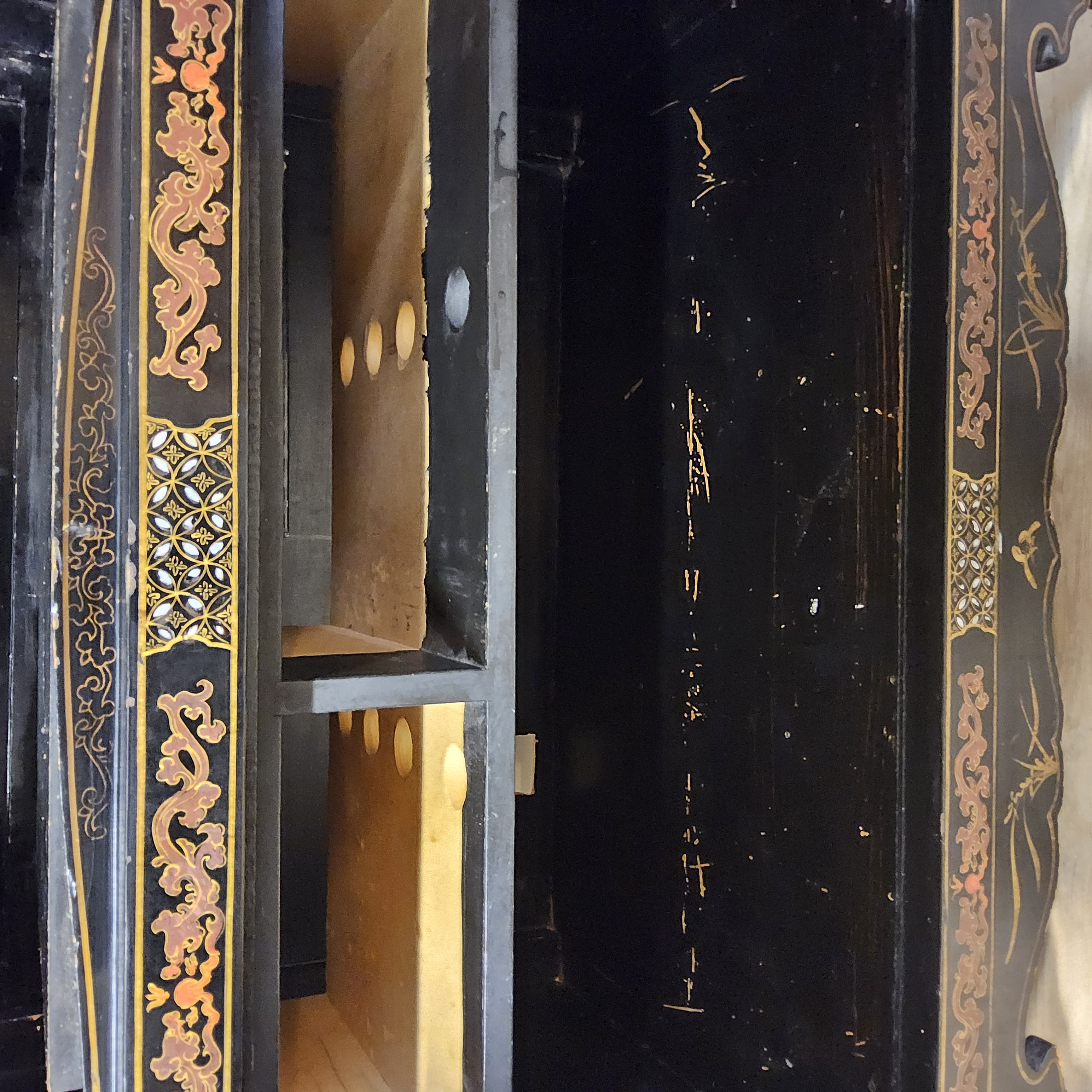 Vintage Chinese Lakkast Vogels Bloemen (speksteen) Bohemian Kast / Oosterse Kast / Aziatische Kast image 17