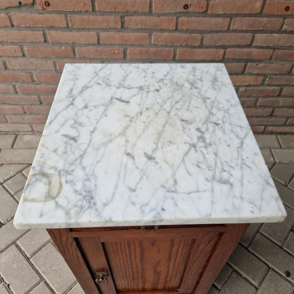 Antieke Wastafel Kast Nachtkastje Met Marmer Plaat Vintage image 5